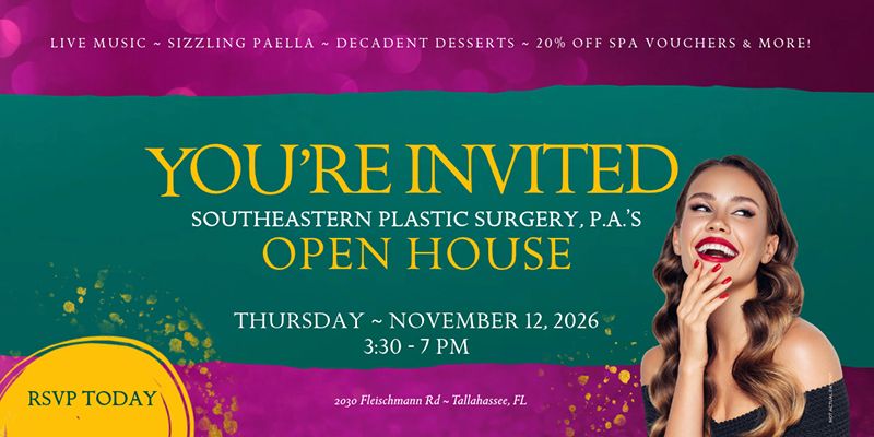 Southeastern Plastic Surgery, P.A.’s Open House on Thursday, November 12, 2026, from 3:30–7 PM in Tallahassee, FL, featuring live music, paella, desserts, spa voucher discounts, and an RSVP invitation
